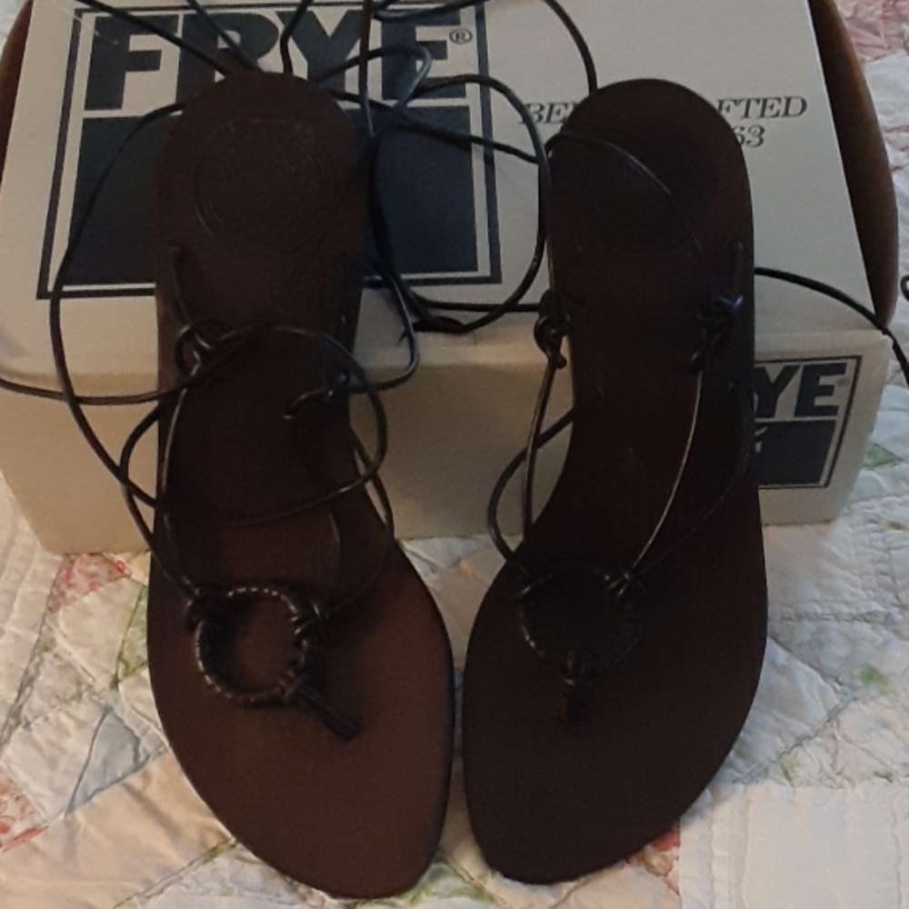 Frye thong, lace-up sandals, Brown, never worn.